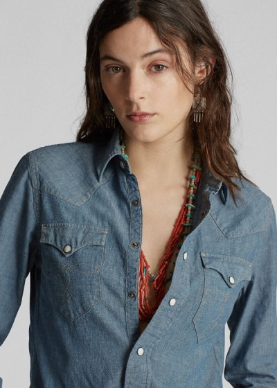 Camisa Ralph Lauren Mujer Azul Marino Azules - Chambray Western - QHJAW7634